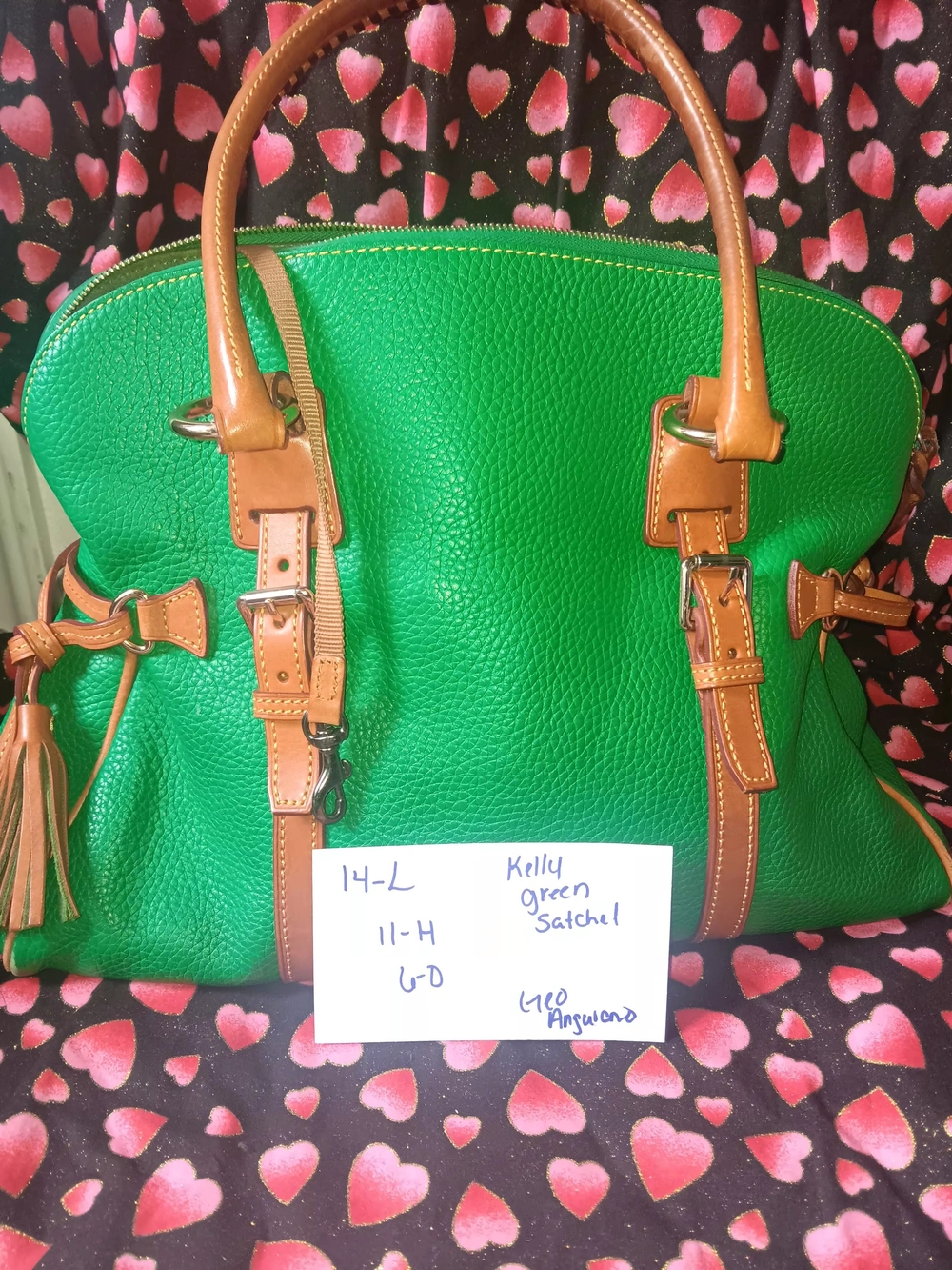 Kelly Green Leather Satchel with Tan Trim